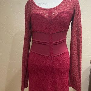 Free People Red Long Sleeve Lace Dress, Size Large